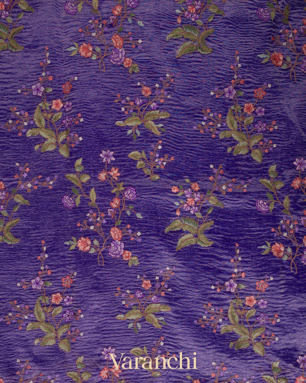 Royal Purple Floral Embroidered Pure Crush Tissue Kora Silk Saree