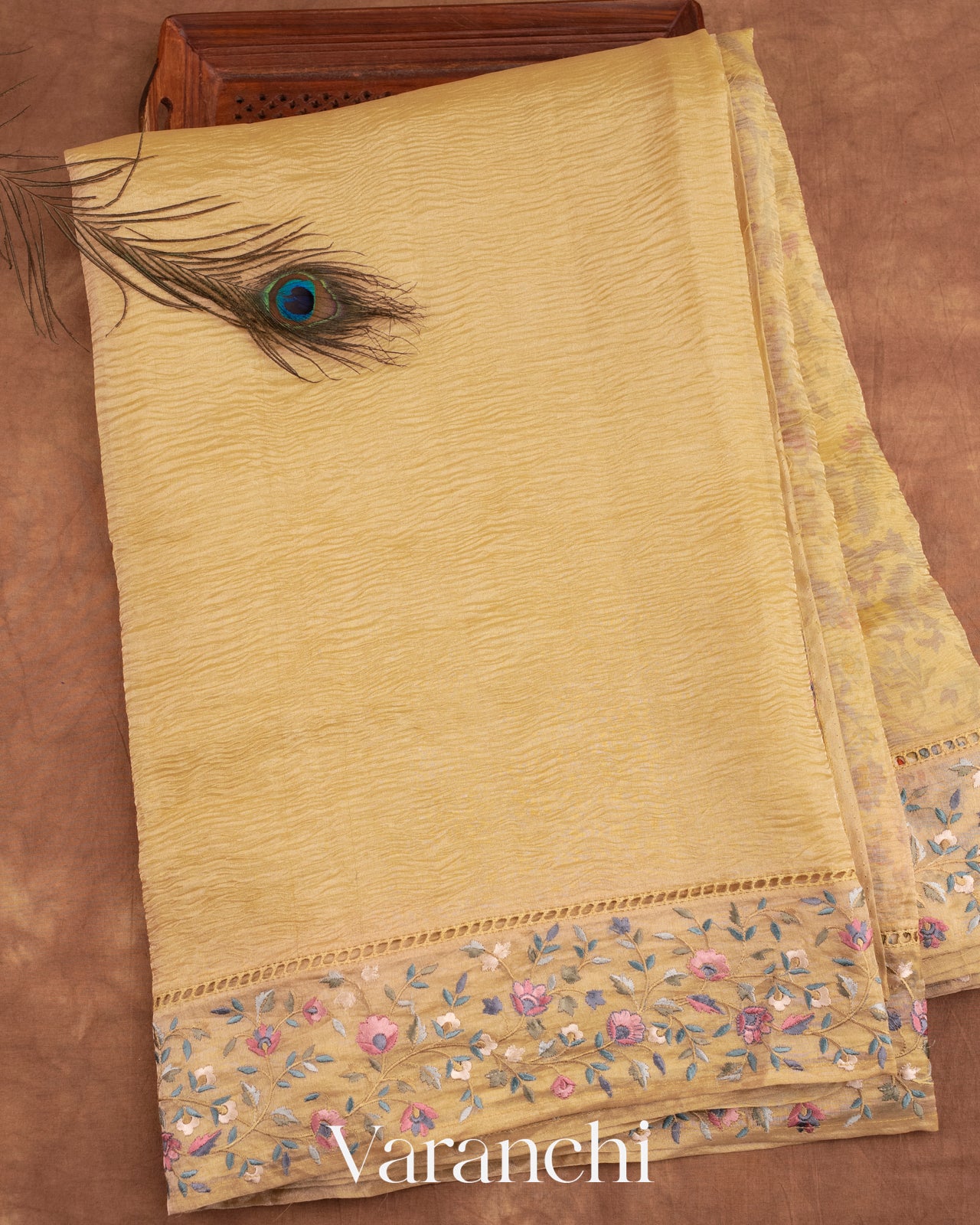 Butter Yellow Pure Crush Tissue Kora Silk Saree