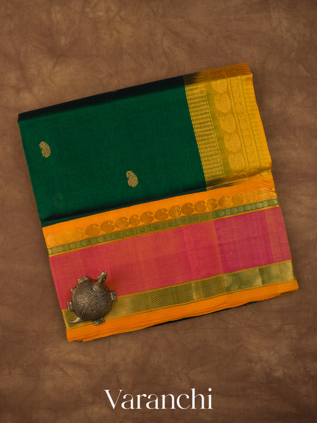 Deep Green Korvai Pure Kanchipuram Silk Cotton Handloom Saree 