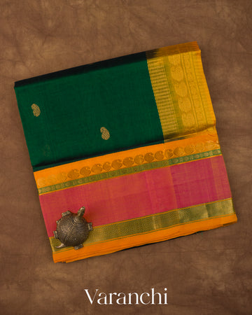 Deep Green Pure Korvai Kanchipuram Silk Cotton Handloom Saree