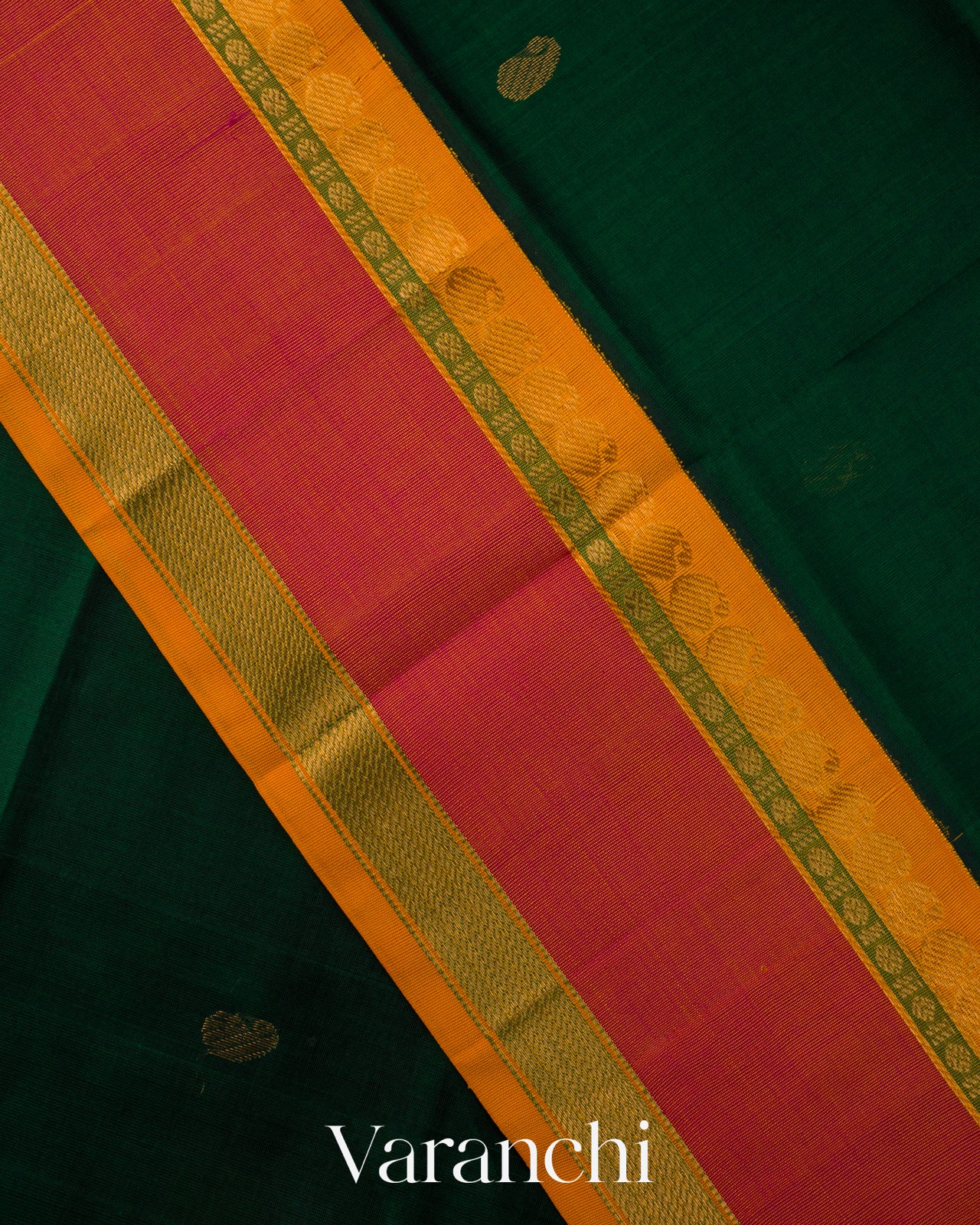 Deep Green Korvai Pure Kanchipuram Silk Cotton Handloom Saree 