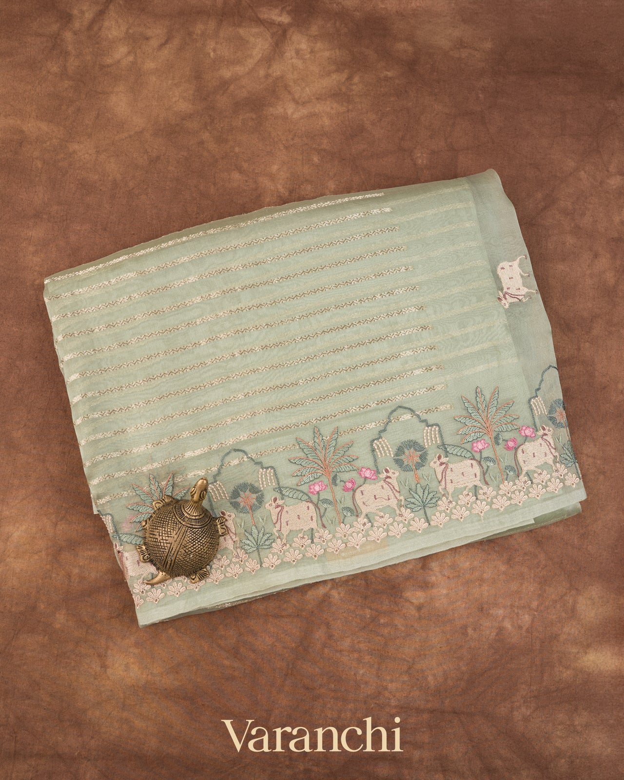 Sage Green Tissue Striped and Pichwai Embroidered Border Pure Kora Silk Saree