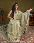Sage Green Tissue Striped and Pichwai Embroidered Border Pure Kora Silk Saree