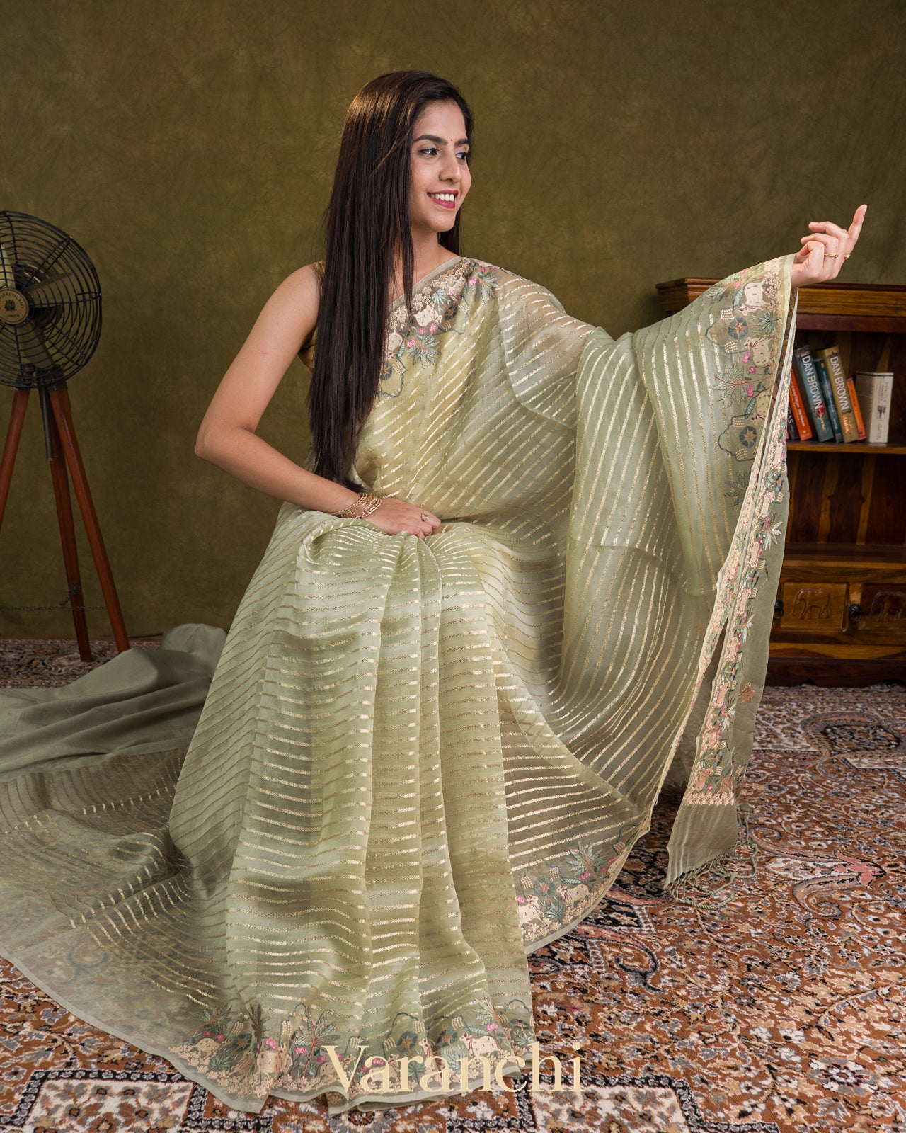 Sage Green Tissue Striped and Pichwai Embroidered Border Pure Kora Silk Saree