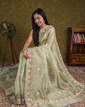 Sage Green Tissue Striped and Pichwai Embroidered Border Pure Kora Silk Saree