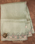 Sage Green Tissue Striped and Pichwai Embroidered Border Pure Kora Silk Saree