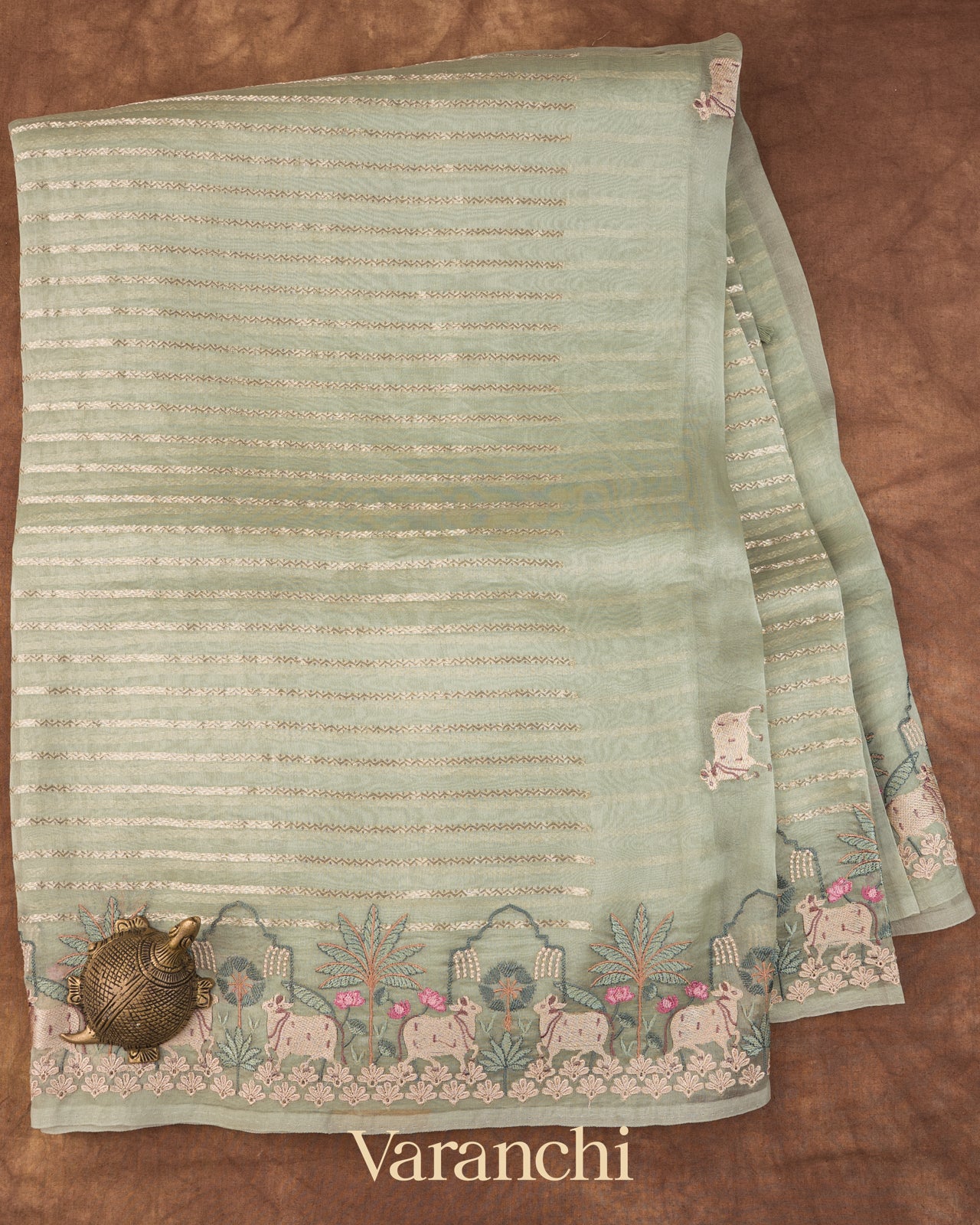 Sage Green Tissue Striped and Pichwai Embroidered Border Pure Kora Silk Saree