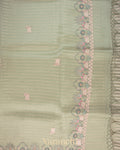 Sage Green Tissue Striped and Pichwai Embroidered Border Pure Kora Silk Saree