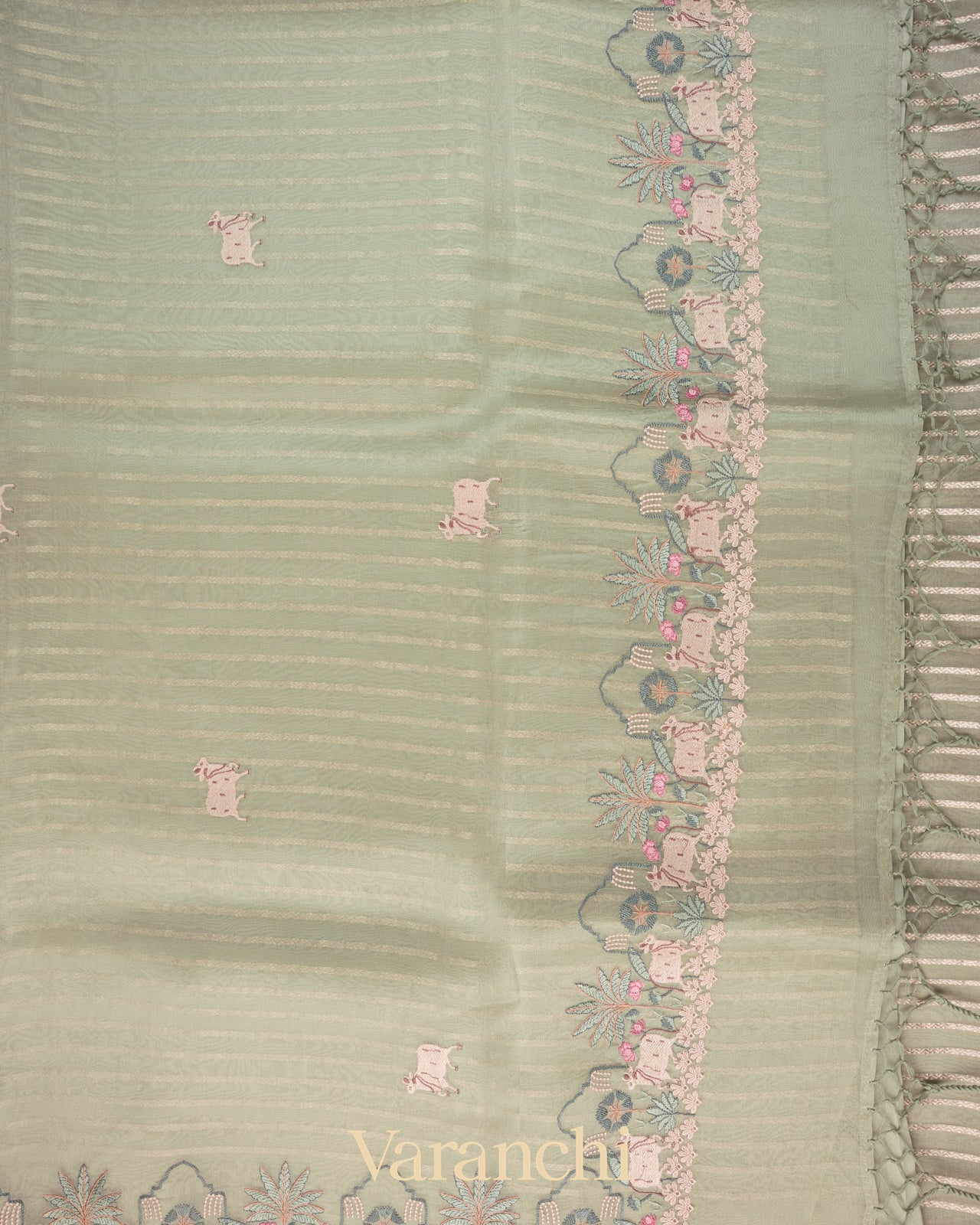 Sage Green Tissue Striped and Pichwai Embroidered Border Pure Kora Silk Saree