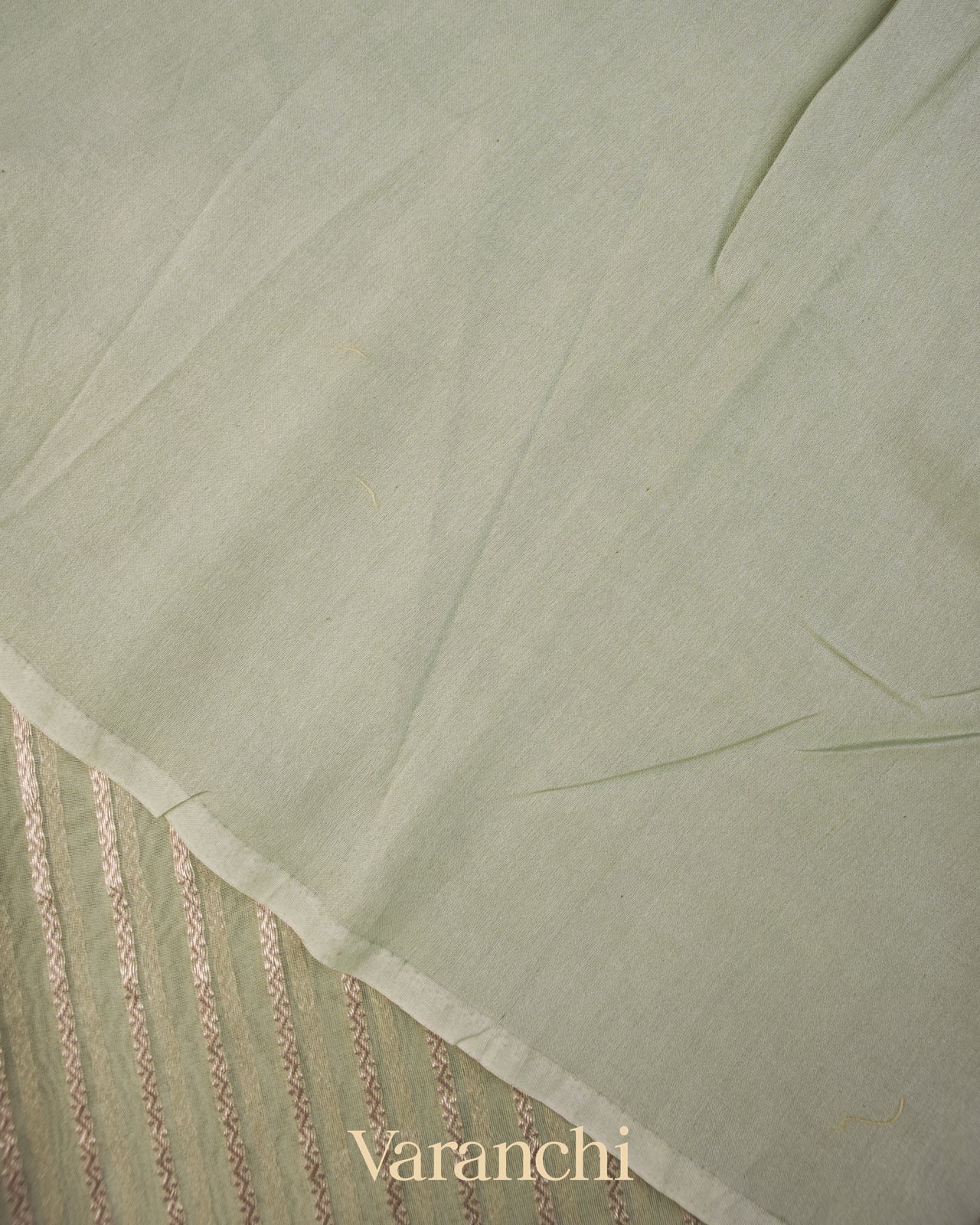 Sage Green Tissue Striped and Pichwai Embroidered Border Pure Kora Silk Saree