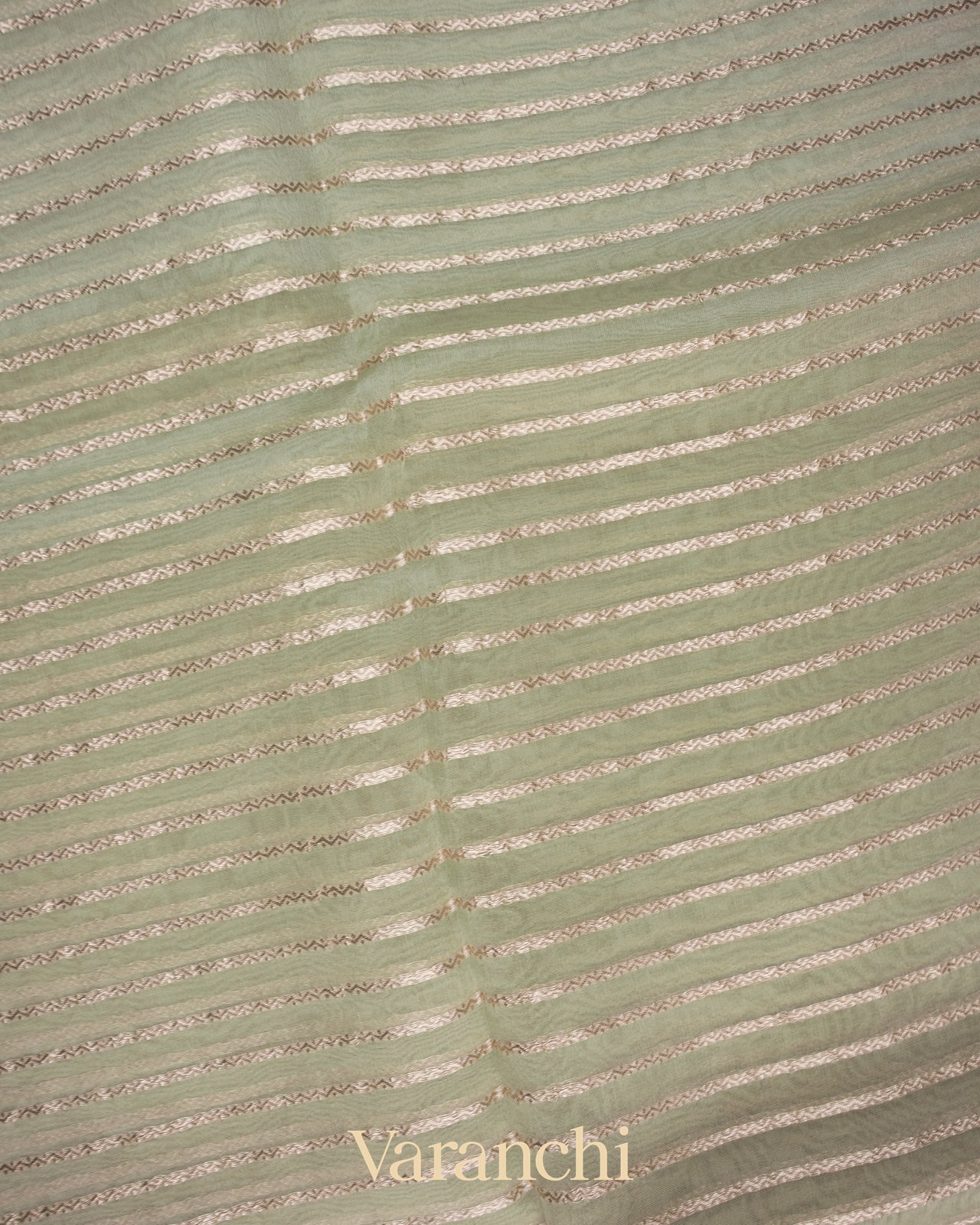 Sage Green Tissue Striped and Pichwai Embroidered Border Pure Kora Silk Saree