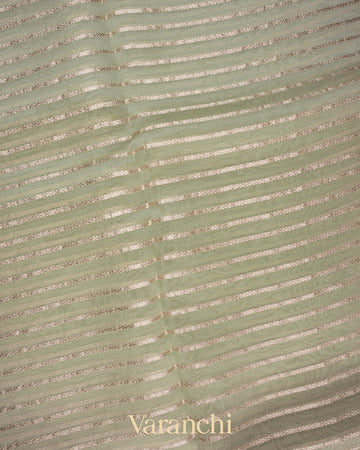 Sage Green Tissue Striped and Pichwai Embroidered Border Pure Kora Silk Saree