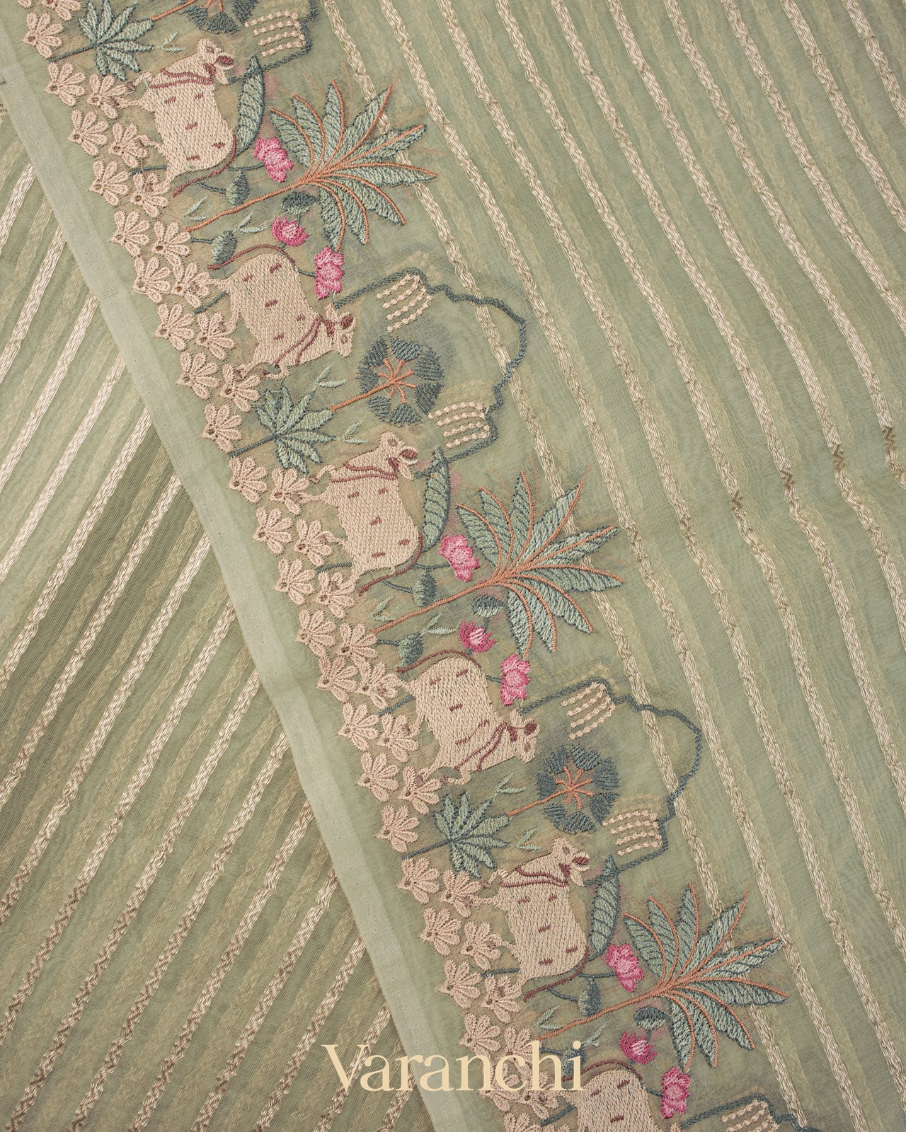 Sage Green Tissue Striped and Pichwai Embroidered Border Pure Kora Silk Saree