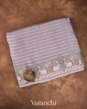 Lavender Tissue Striped and Pichwai Embroidered Border Pure Kora Silk Saree