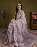 Lavender Tissue Striped and Pichwai Embroidered Border Pure Kora Silk Saree