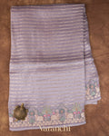 Lavender Tissue Striped and Pichwai Embroidered Border Pure Kora Silk Saree