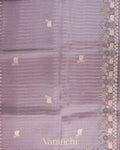 Lavender Tissue Striped and Pichwai Embroidered Border Pure Kora Silk Saree