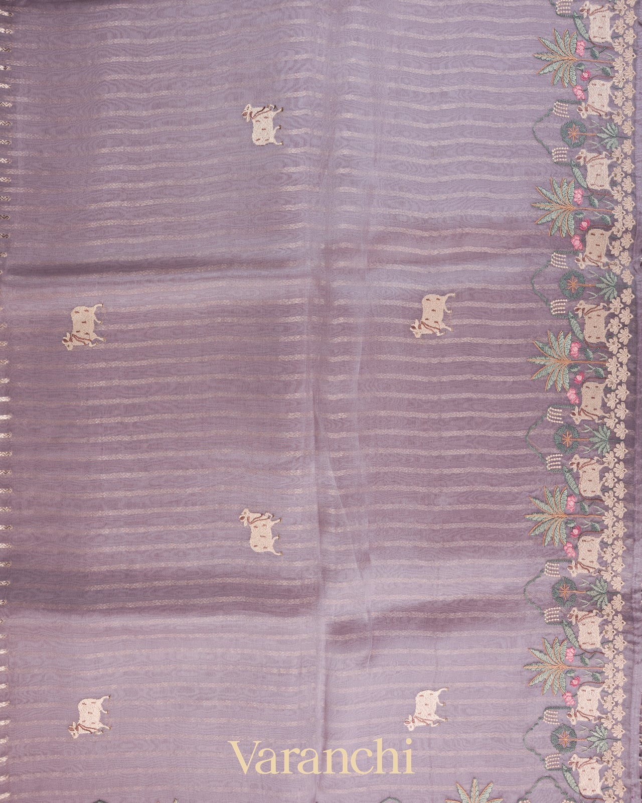 Lavender Tissue Striped and Pichwai Embroidered Border Pure Kora Silk Saree