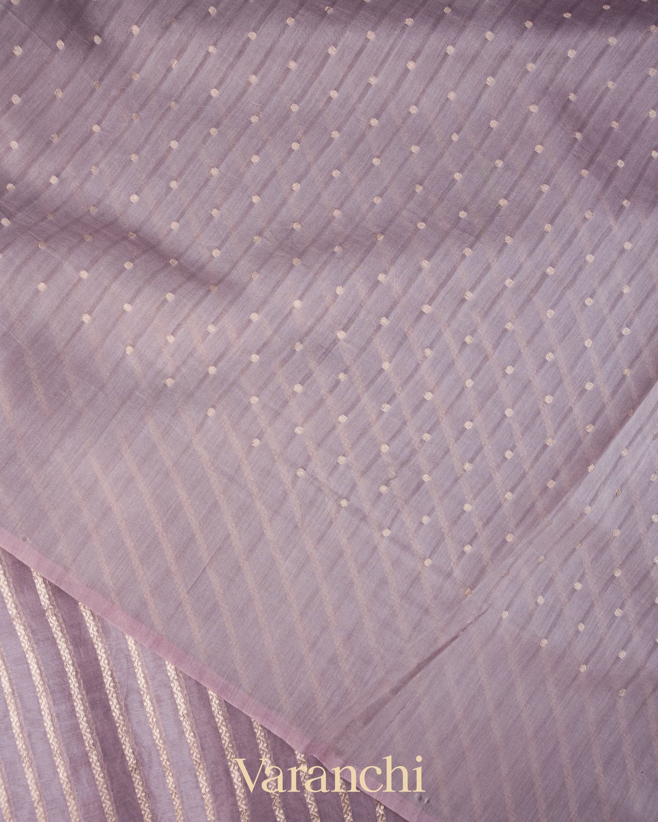 Lavender Tissue Striped and Pichwai Embroidered Border Pure Kora Silk Saree