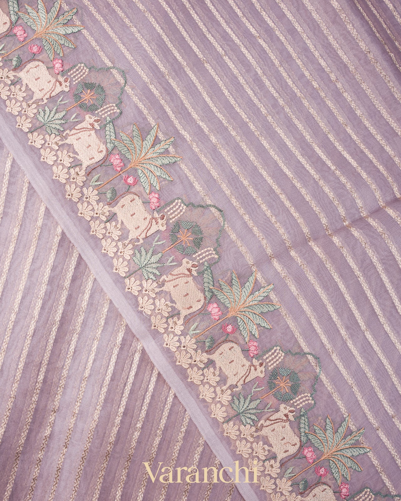 Lavender Tissue Striped and Pichwai Embroidered Border Pure Kora Silk Saree