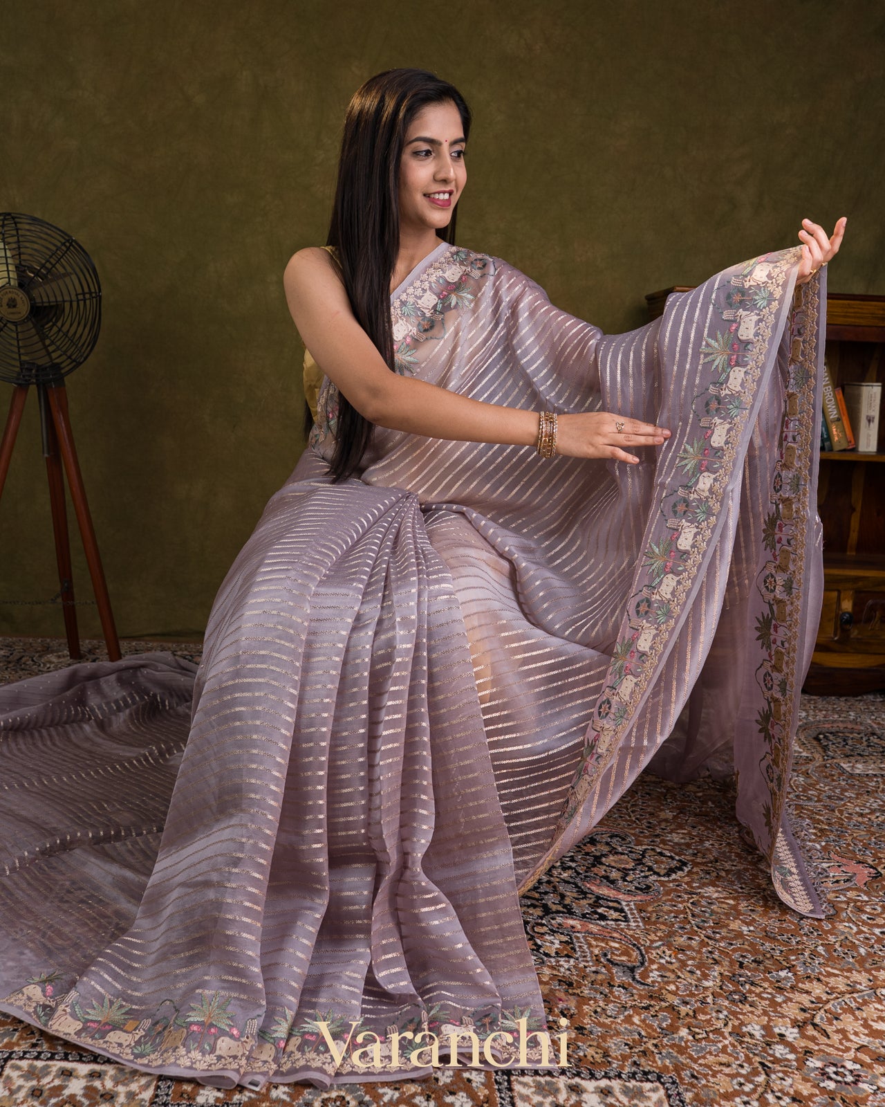 Lavender Tissue Striped and Pichwai Embroidered Border Pure Kora Silk Saree
