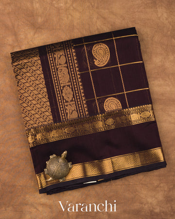Coffee Brown Checkered Pure Kanchipuram Silk Cotton Handloom Saree 