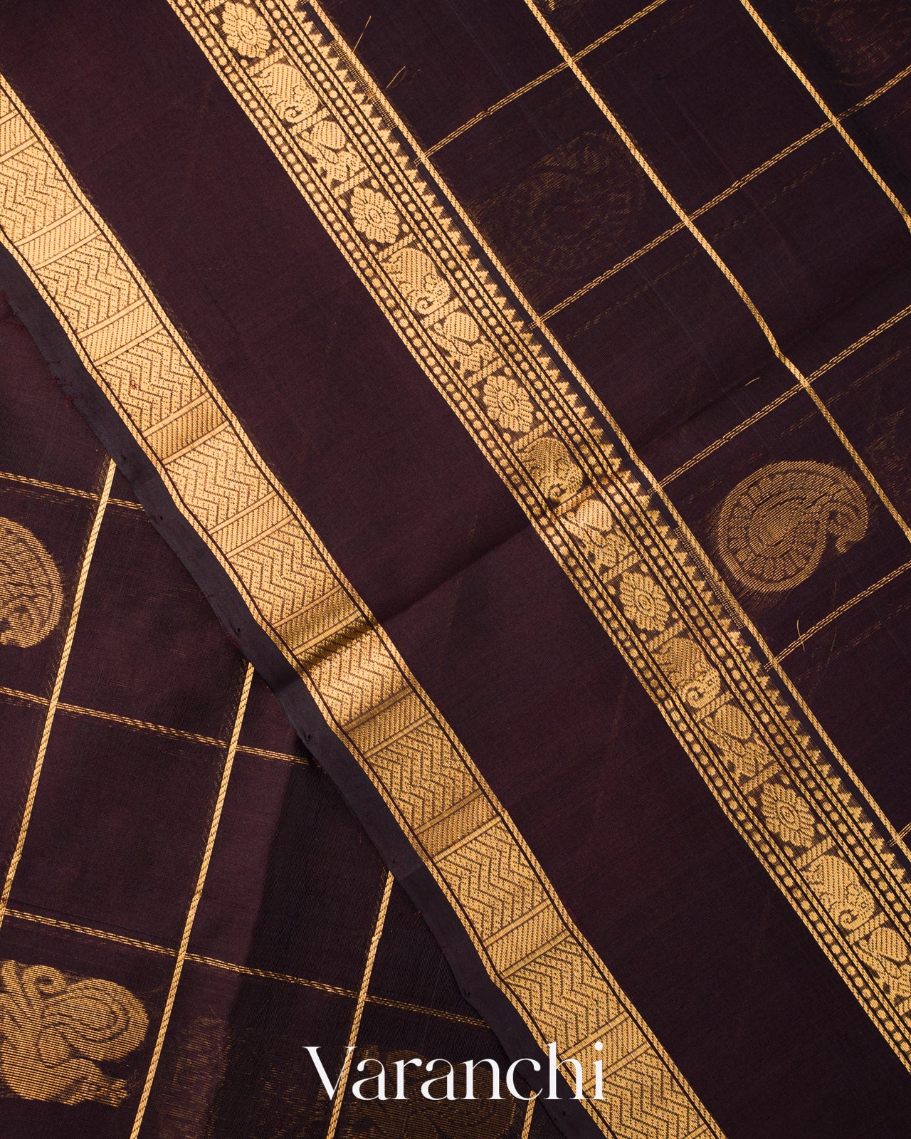 Coffee Brown Checkered Pure Kanchipuram Silk Cotton Handloom Saree 