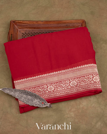 Deep Red Pure Georgette Silk Saree