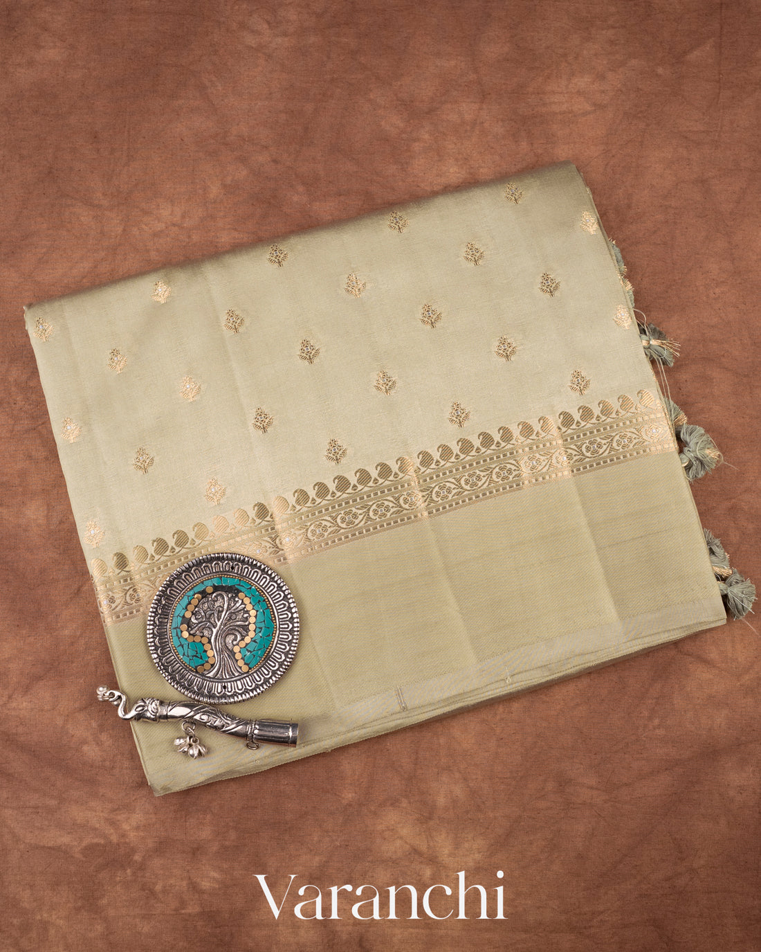 Frosted Sage Pure Dupion Silk Saree