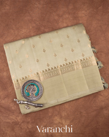 Frosted Sage Pure Dupion Silk Saree