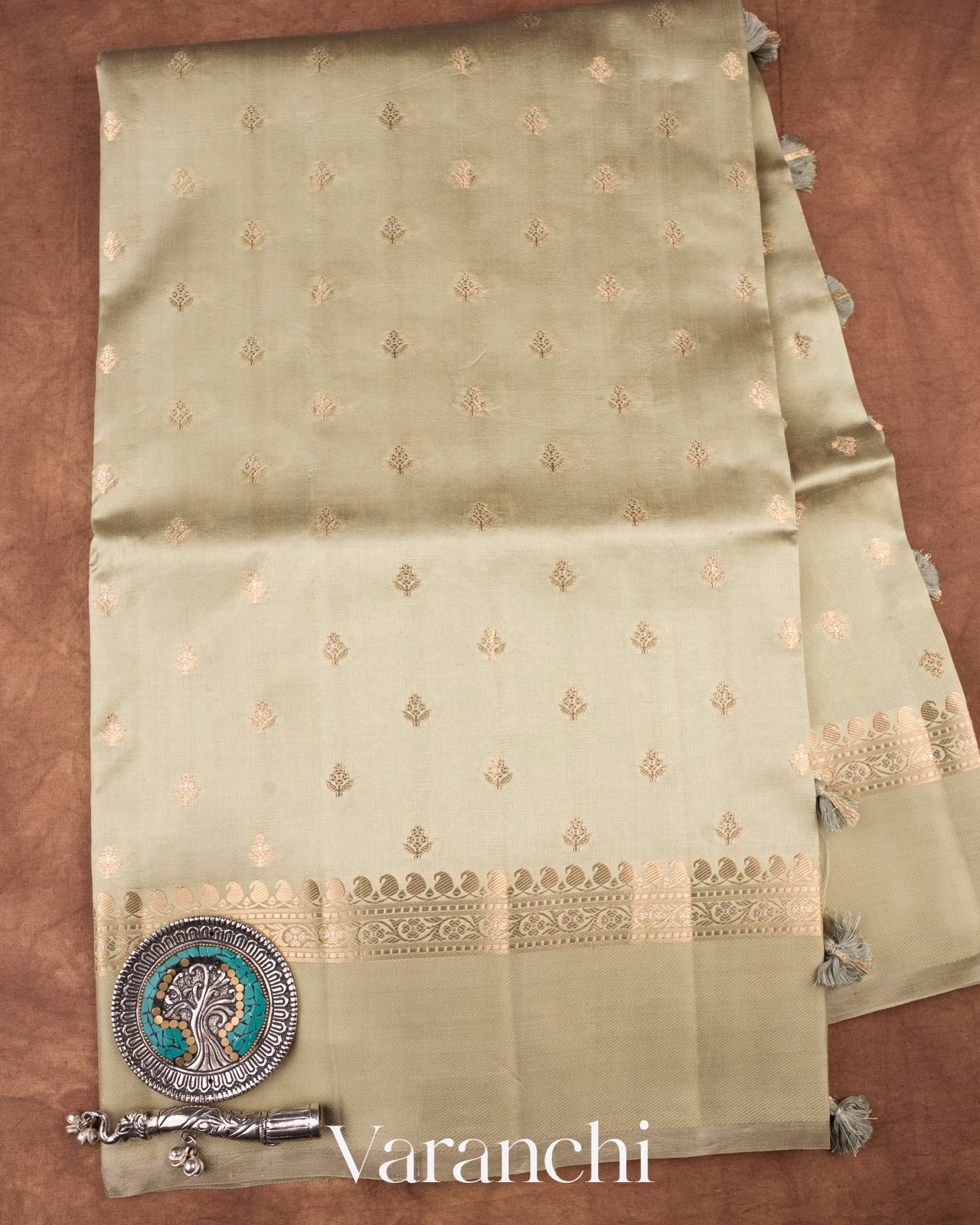 Frosted Sage Pure Dupion Silk Saree