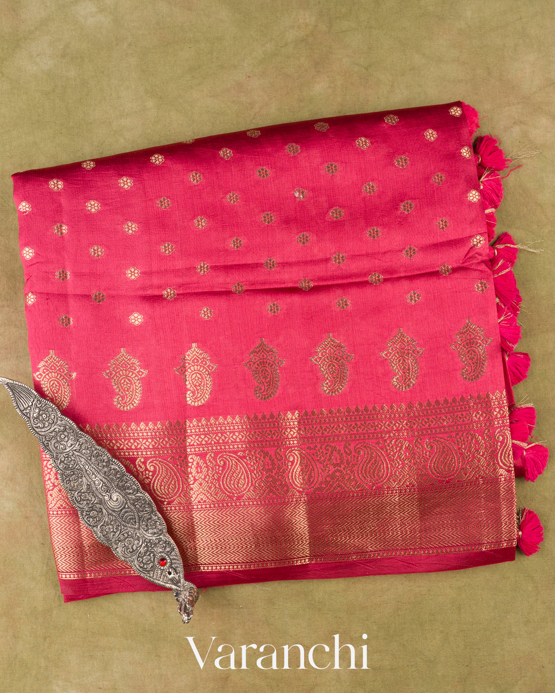 Reddish Pink Pure Dupion Silk Handloom Saree