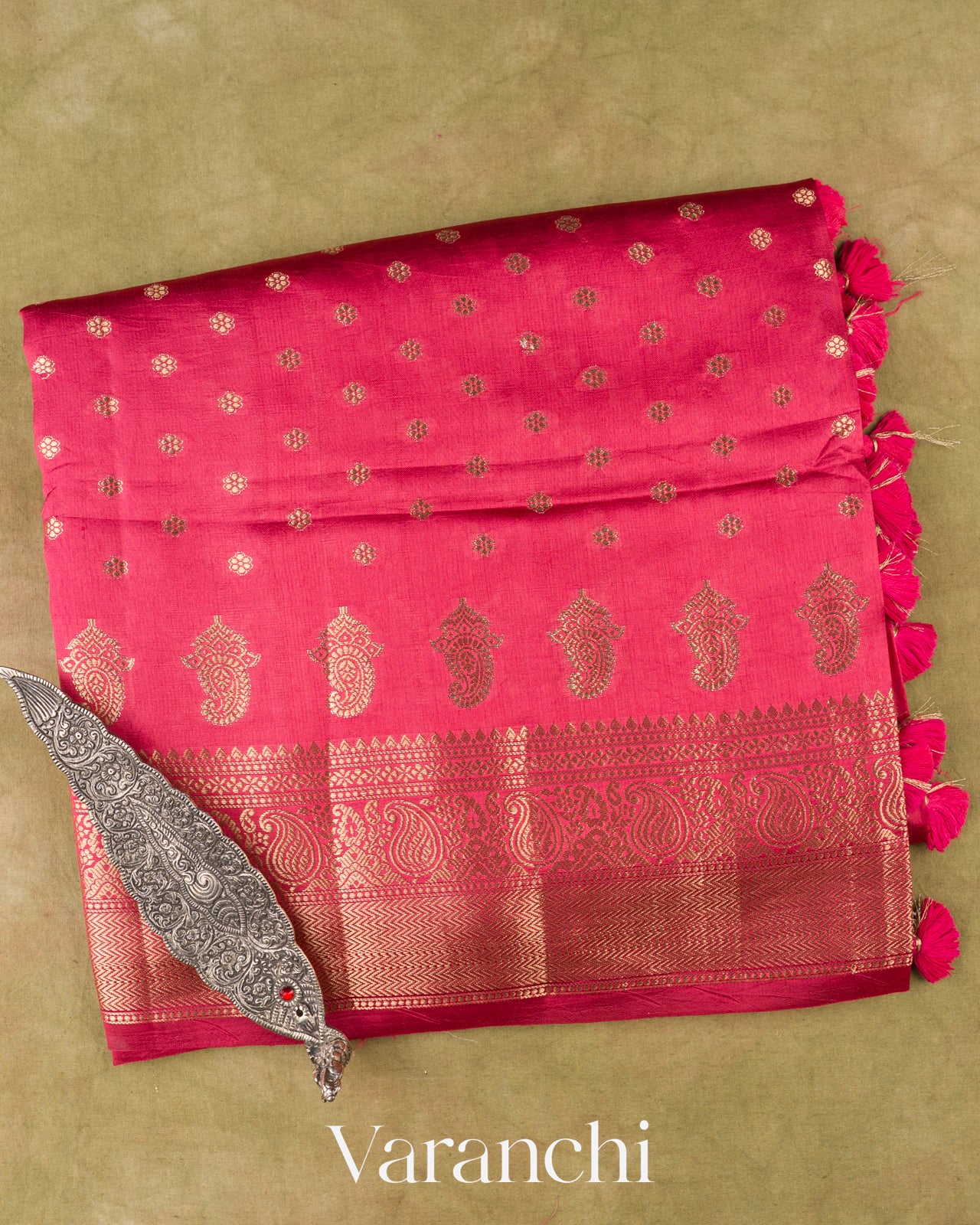 Reddish Pink Pure Dupion Silk Handloom Saree