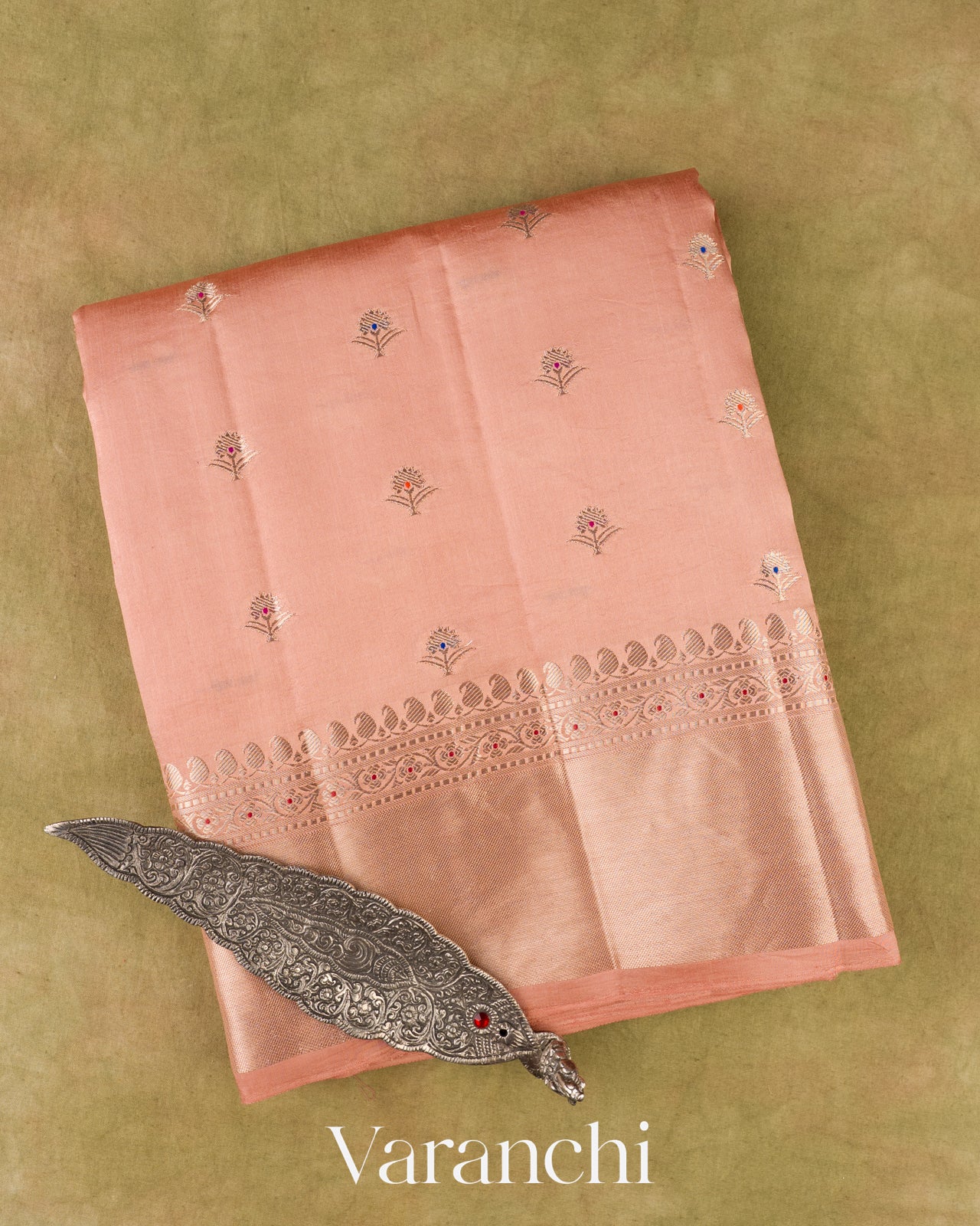 Coral Peach Pure Dupion Silk Saree