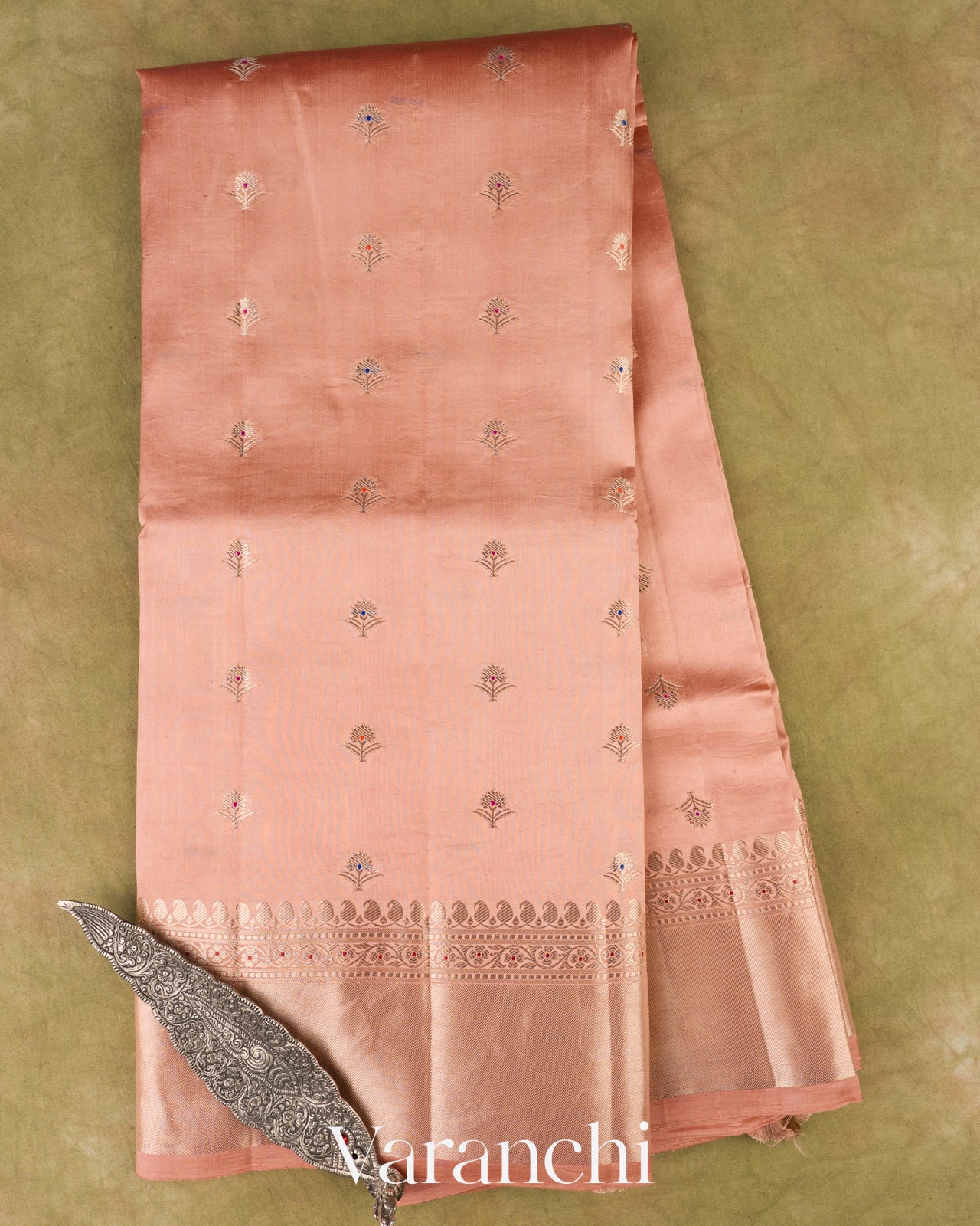 Coral Peach Pure Dupion Silk Saree