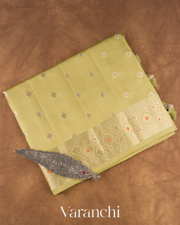 Light Olive Yellow Pure Dupion Silk Saree