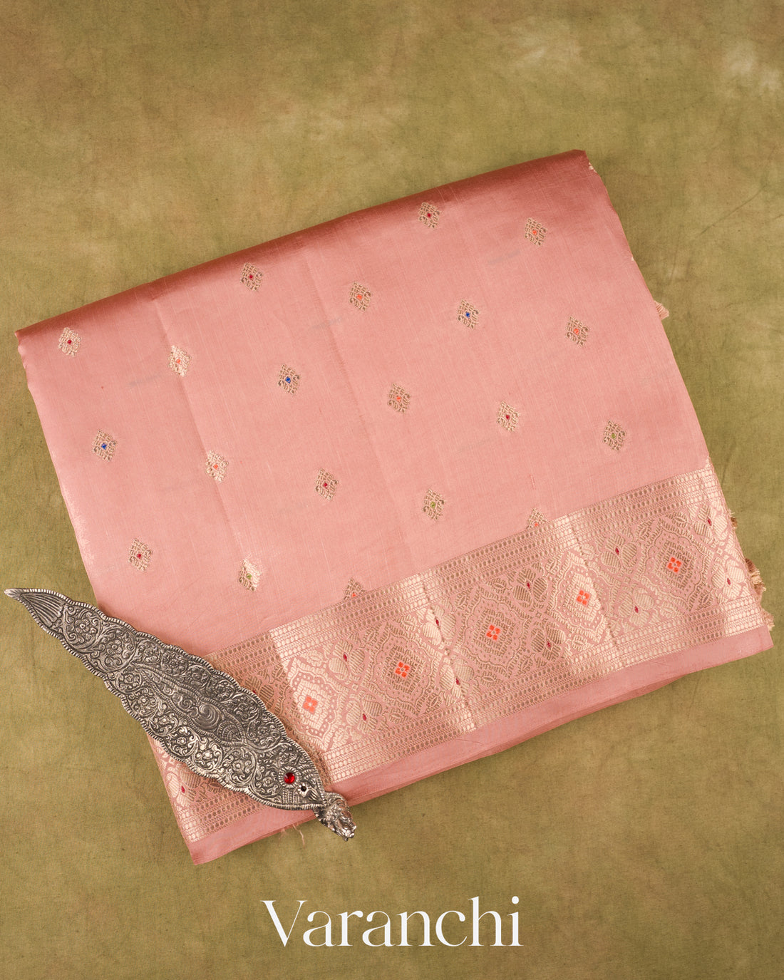 Dusty Peach Floral Brocade Pure Dupion Silk Saree