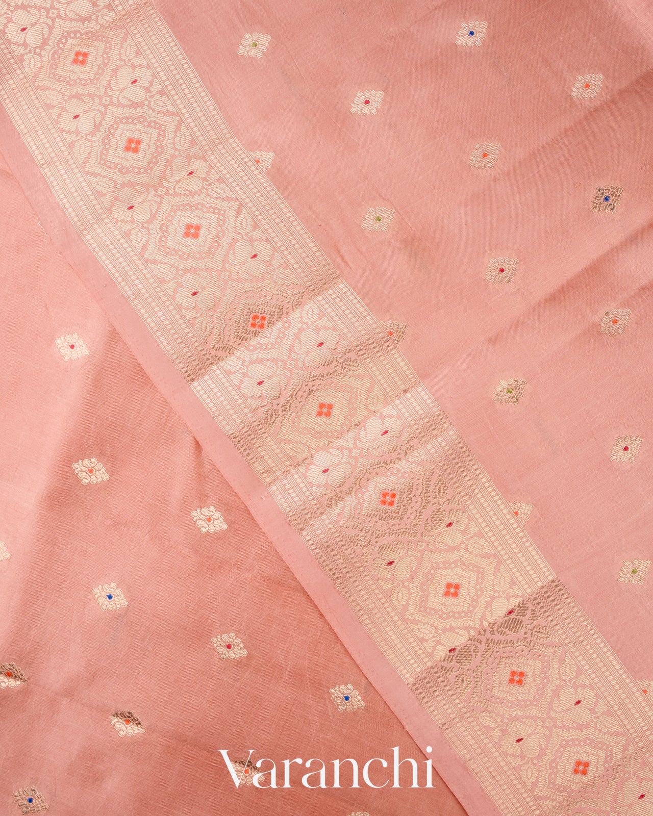 Dusty Peach Floral Brocade Pure Dupion Silk Saree