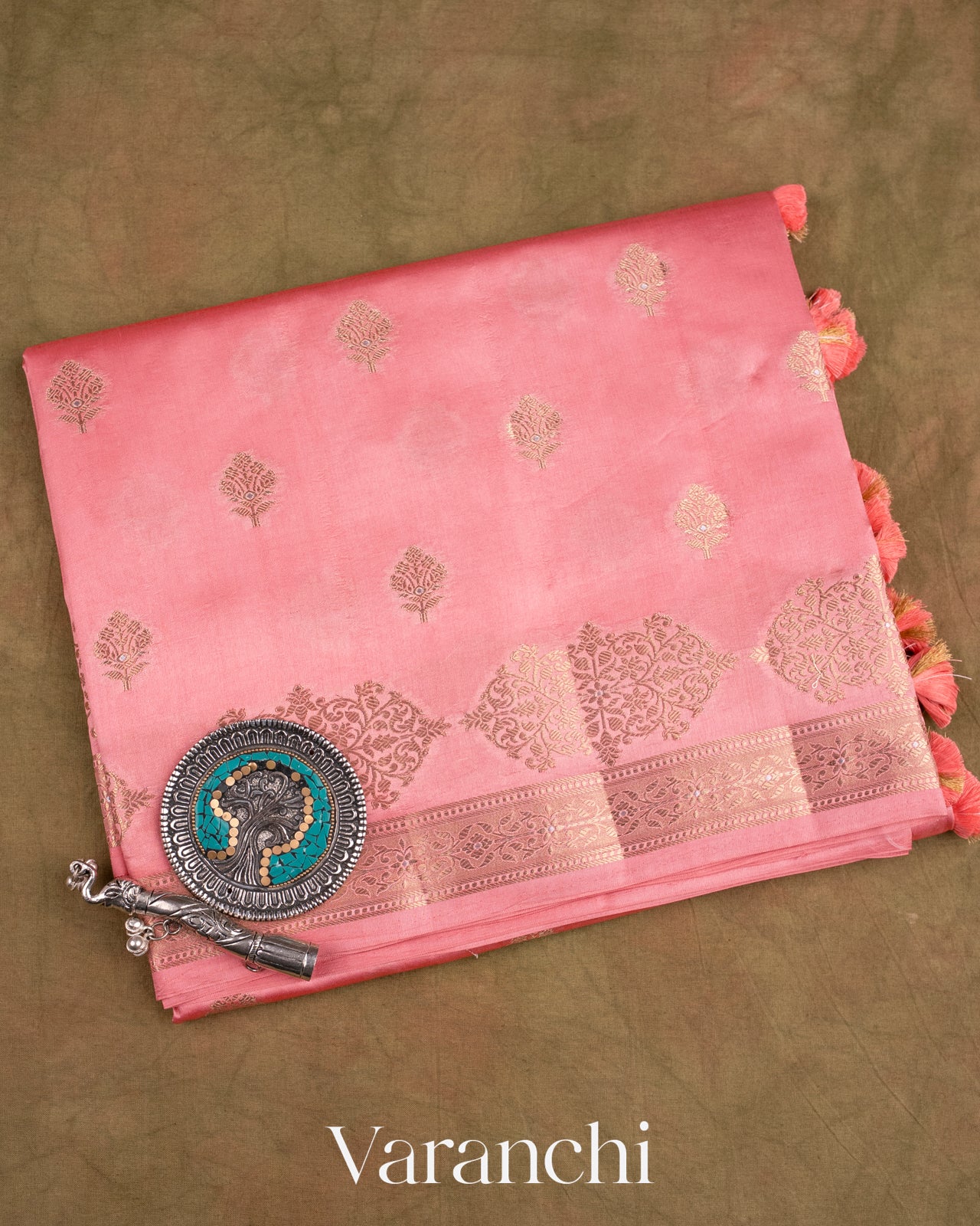 Coral Pink Pure Dupion Silk Saree