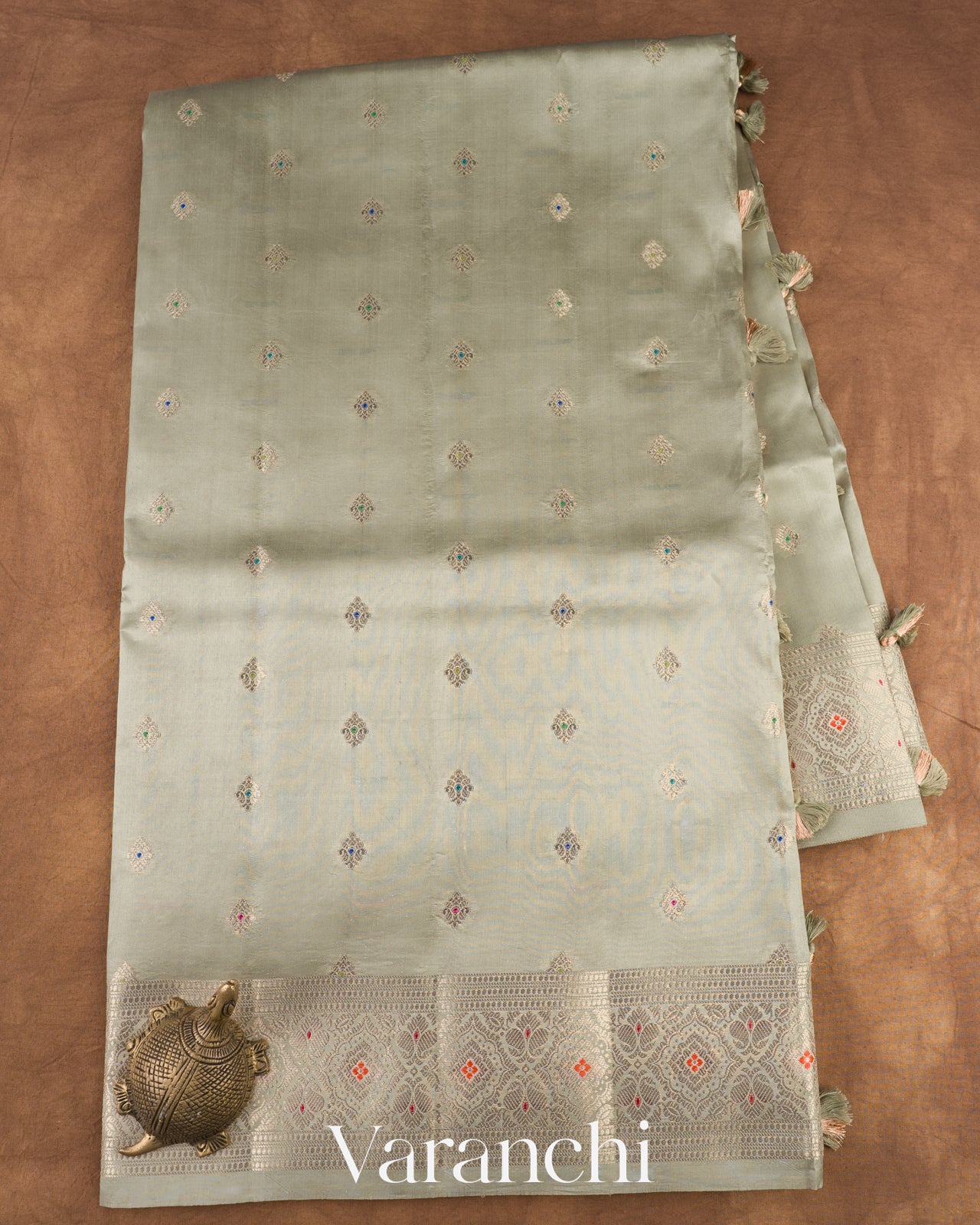 Sage Grey Pure Dupion Silk Saree 