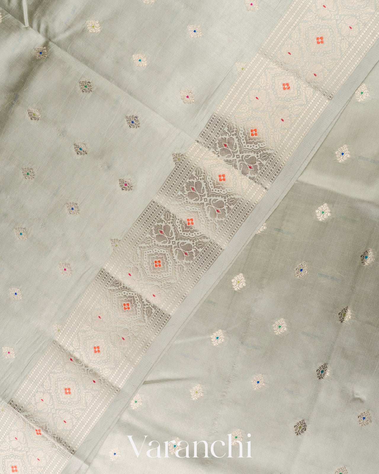 Sage Grey Pure Dupion Silk Saree 