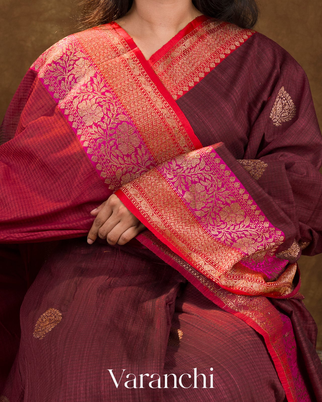 Dark Wine Pure Dupion Silk Handloom Saree