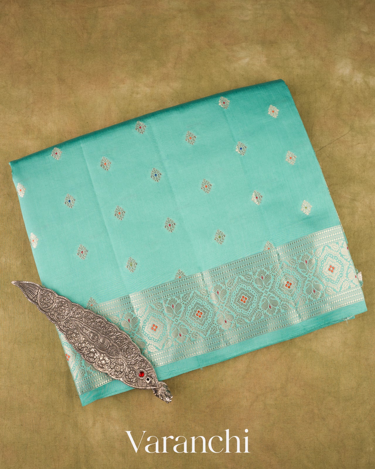 Turquoise Blue Floral Brocade Pure Dupion Silk Saree   