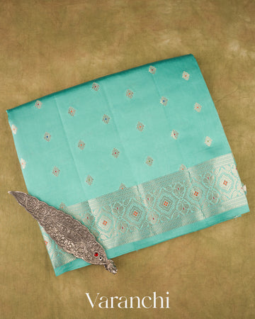 Turquoise Blue Floral Brocade Pure Dupion Silk Saree   