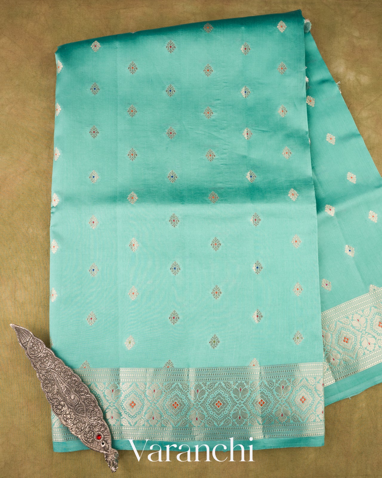 Turquoise Blue Floral Brocade Pure Dupion Silk Saree   