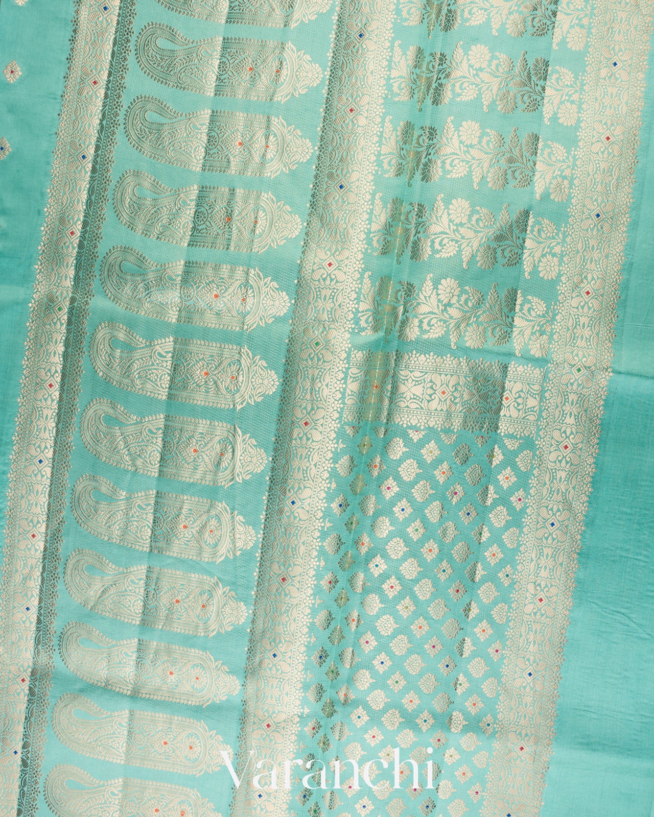 Turquoise Blue Floral Brocade Pure Dupion Silk Saree   