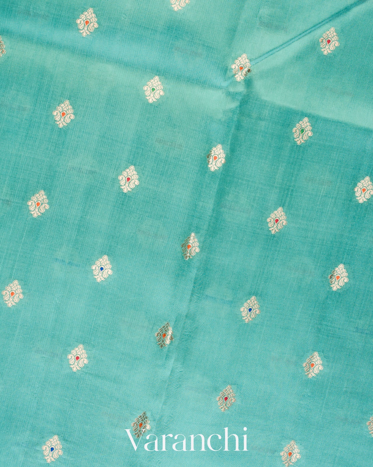 Turquoise Blue Floral Brocade Pure Dupion Silk Saree   