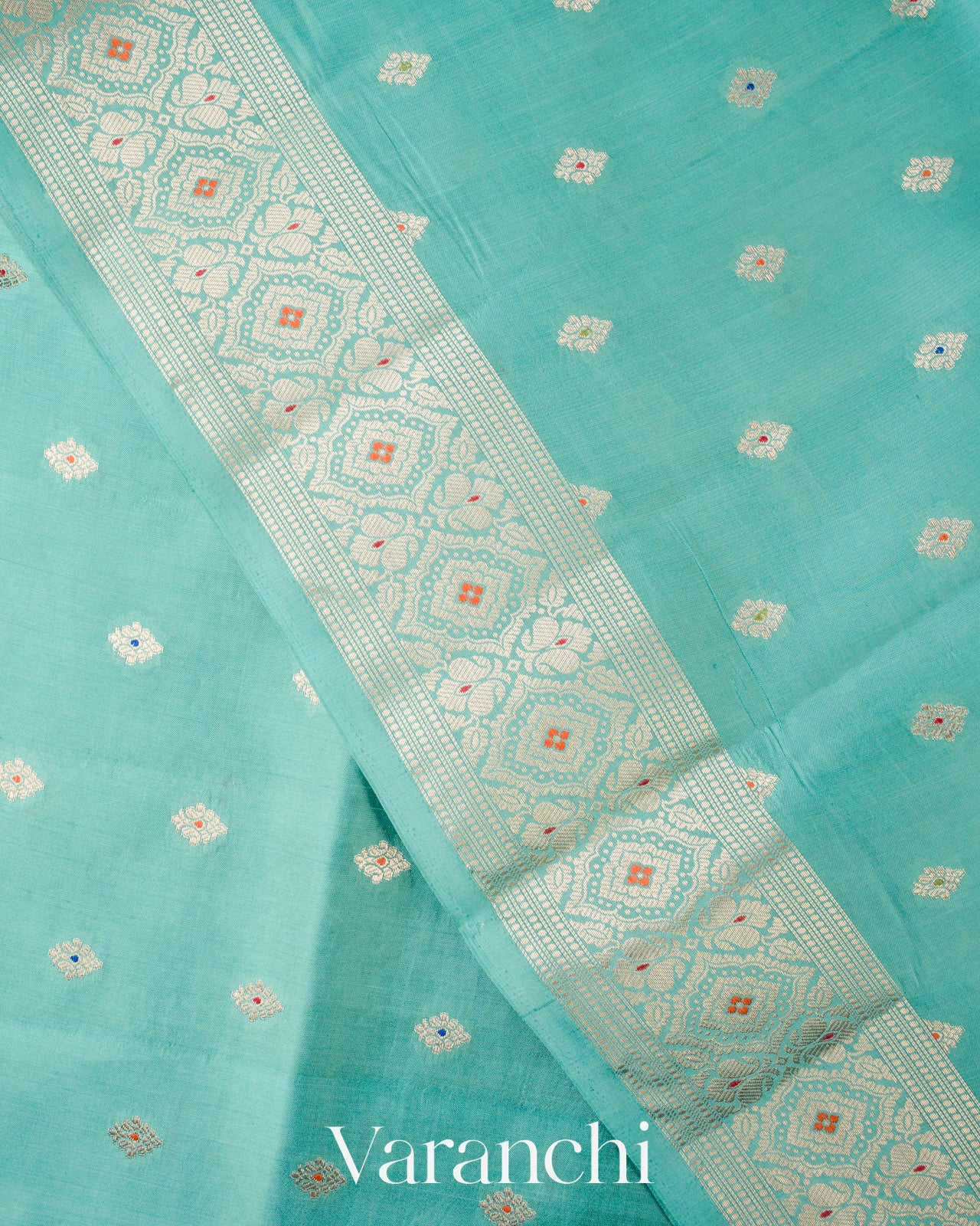 Turquoise Blue Floral Brocade Pure Dupion Silk Saree   