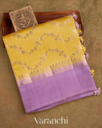 Yellow Creeper Design Pure Dupion Silk Saree