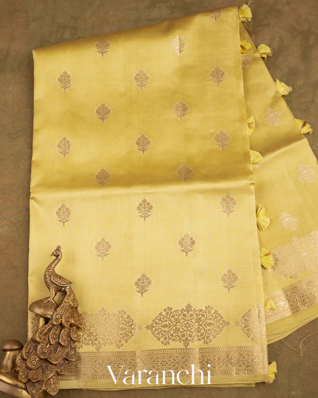 Olive Yellow Pure Dupion Silk Saree
